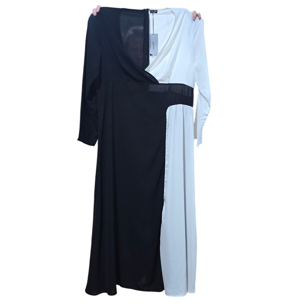 VONDA Womens 5XL Black White Colorblock Maxi Dress V-Neck Long Sleeve Plus Size